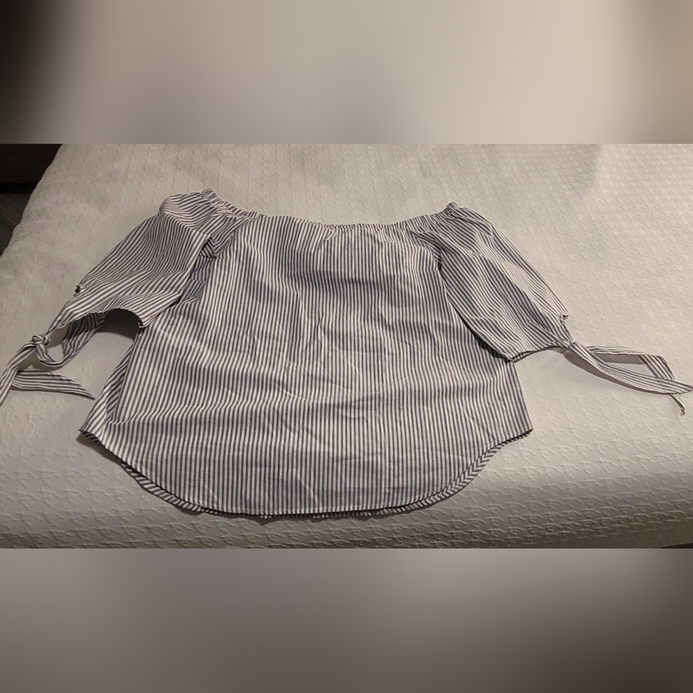 Gray and white striped off the shoulders women's Blouse